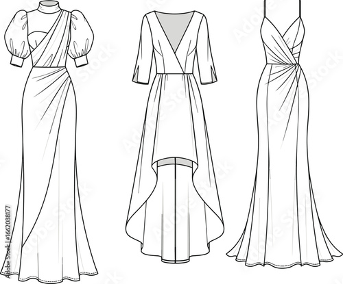 Elegant evening gown cad flat sketch with puff sleeve dress, high low hem gown, spaghetti strap ruched dress, fashion template