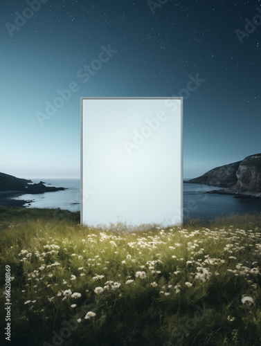 Blank illuminated billboard standing in a wildflower meadow at the seaside under a starry night sky—minimal outdoor mockup with ample copy space.