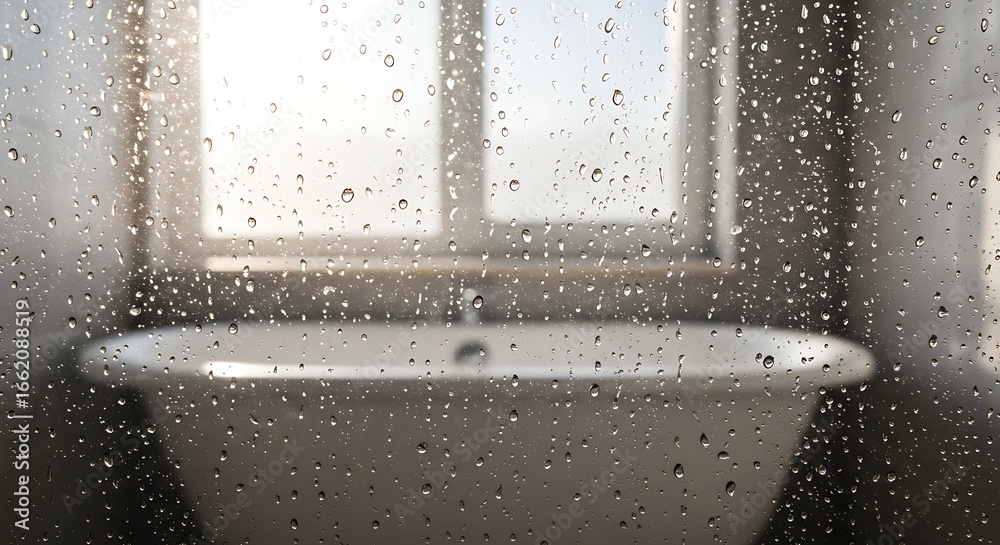 Fototapeta premium Rainy day bathroom view through a window with water droplets on the glass.