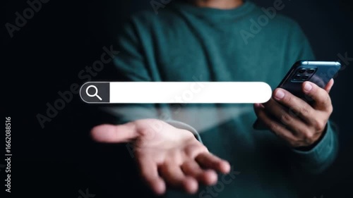 A man holds a smartphone while a digital search bar floats above his open hand