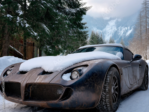 Snow-dusted exotic sports car with a muddy exterior parked on a narrow mountain road surrounded by deep snow and alpine forest in winter