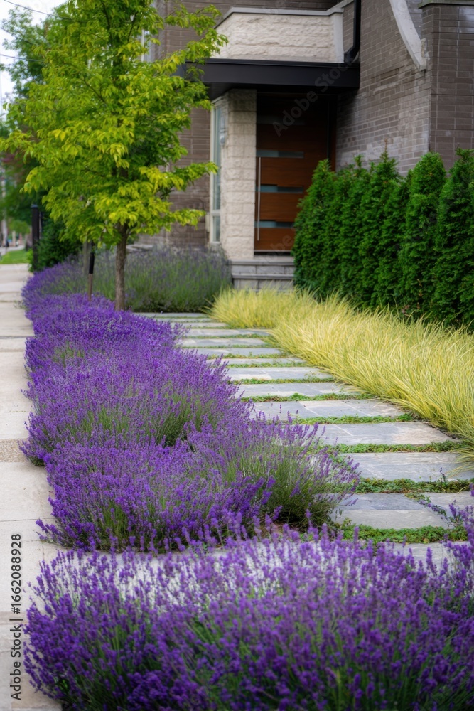 Naklejka premium Lavender plants line a stone pathway beside a modern building in a peaceful urban setting during springtime, creating a vibrant and inviting atmosphere
