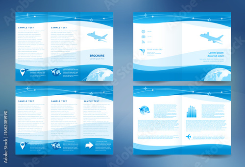 Business brochure design template folder leaflet booklet airplate takeoff transtortation blue color