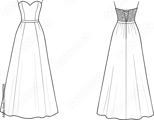 Elegant strapless gown technical fashion flat sketch with sweetheart neckline, lace-up corset back, long flowing skirt, vector dress illustration