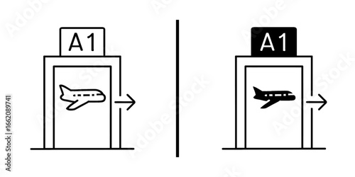 Airport Gate Symbol: A concise, graphic representation of airport gates and the embarkation process, signifying direction. The image features clear symbolism and easy navigation for passengers.