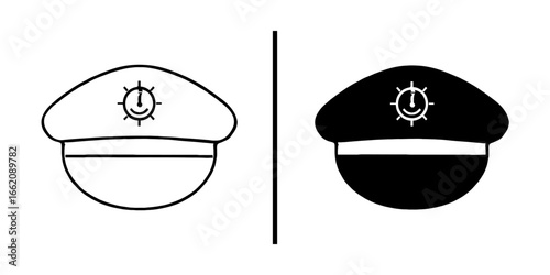 Contrasting Maritime Caps: Two classic maritime caps, one in crisp outline and the other in bold monochrome, symbolize navigational leadership. The image focuses on the nautical emblem.