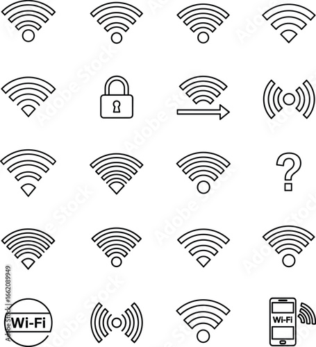 Wi-Fi icons set, wireless network symbols, internet connection signs, mobile hotspot illustrations, signal strength indicators, online connectivity graphics, secure lock, smartphone