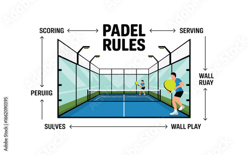Padel Rules Illustration: Guide to Scoring, Serving, and Wall Play on the Padel Court, Showcasing Key Aspects of the Game for Beginners.