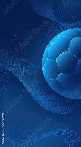A translucent blue soccer ball floats amidst swirling, ethereal blue waves on a deep blue background