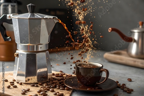 Splash of coffee and milk, and coffee moka explosion, and Black hot tea is good for health