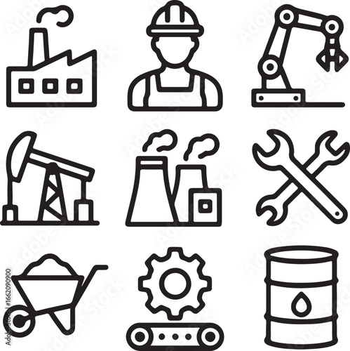 Industrial icons factory worker robot arm oil pump