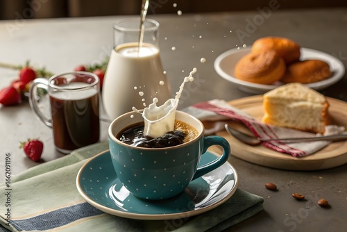 Splash of coffee and milk, and coffee moka explosion, and Black hot tea is good for health