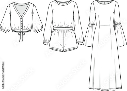 Fashion cad flat sketch of women blouse, romper, and long sleeve maxi dress with bell sleeves, trendy clothing technical vector illustration
