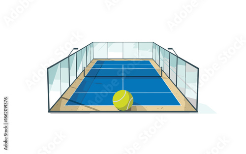 Illustration of a blue padel court with glass walls, lighting, and a tennis ball in the foreground; sport concept art for design elements.