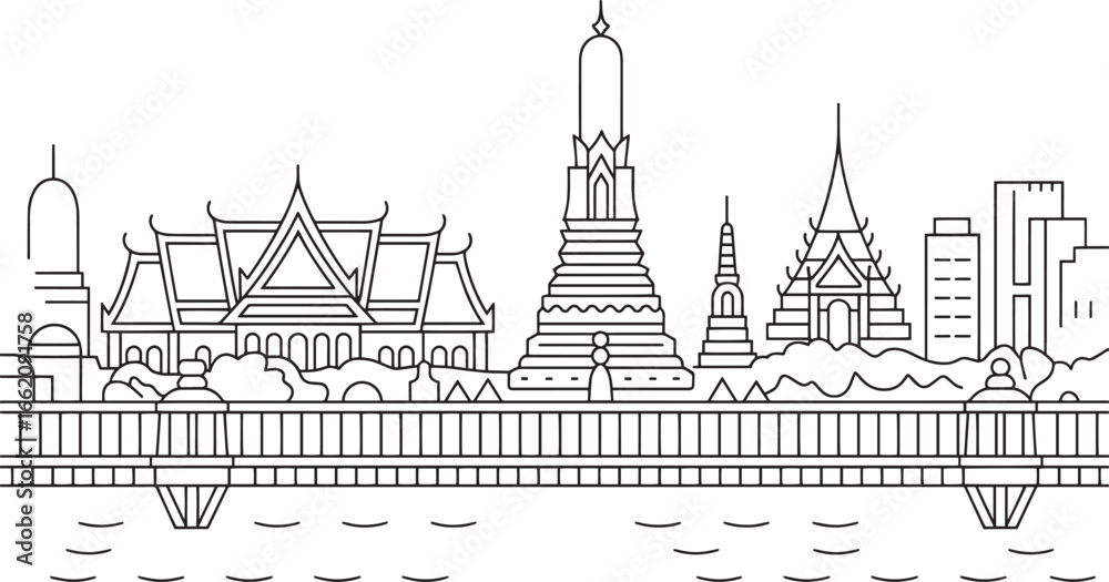 Obraz premium Bangkok Thailand Skyline Line Art with Temples and River Reflection Outline Vector Design