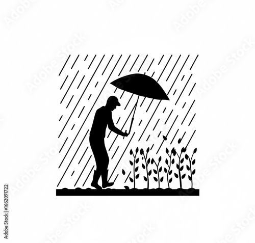  Farmer planting during monsoon rain, holding umbrella in one hand silhouette on white background