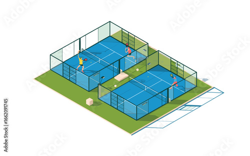 Isometric Padel Tennis Courts with Players in Action: A Modern Sports Concept for Advertisements and Recreational Designs, Emphasizing Activity and Competition.