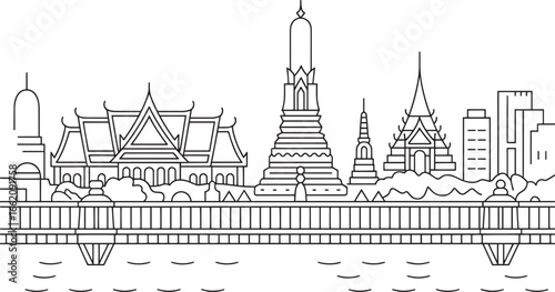Bangkok Thailand Skyline Line Art with Temples and River Reflection Outline Vector Design