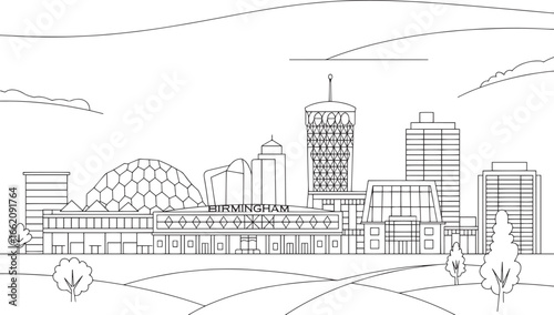 Birmingham Skyline Outline Vector Illustration with Modern Architecture and Cityscape Details