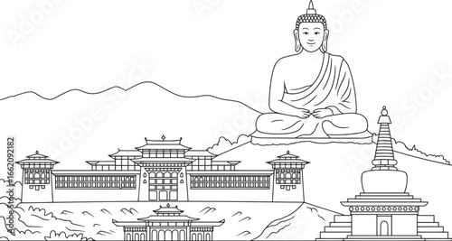Detailed Bhutan Cityscape Outline Vector Illustration with Buddha Statue and Architectural Design