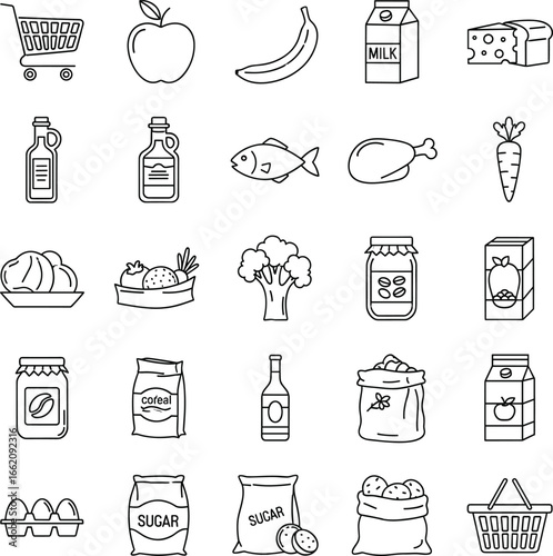 Food grocery icons, shopping cart, apple, banana, milk carton, cheese, fish, chicken, carrot, broccoli, cereal, sugar, potatoes, eggs, pantry items