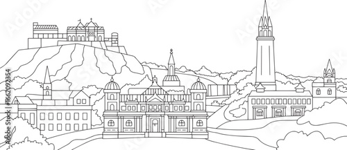 Detailed Cityscape Outline Vector Illustration of Luxembourg City Skyline with Hills and Buildings