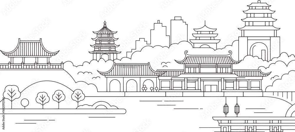Fototapeta premium Detailed Line Art of Asian Skyline with Pagodas and Modern Buildings in a Flat Design Style