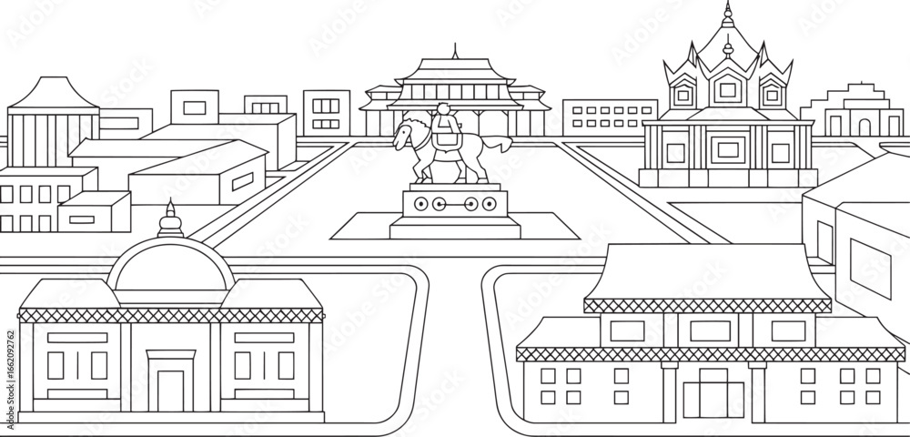 Fototapeta premium Detailed Line Art Skyline of Ulaanbaatar Mongolia Vector Illustration with Transparent Background