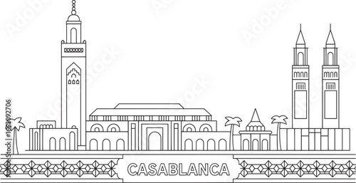 Detailed Line Art Skyline of Casablanca Morocco Vector Illustration with Transparent Background
