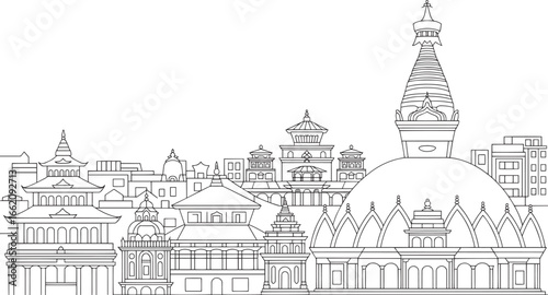 Detailed Line Art Skyline of Kathmandu Nepal Featuring Iconic Landmarks and Cultural Heritage Sites