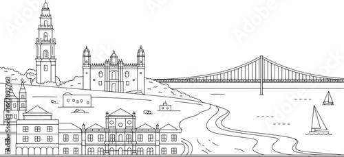 Detailed Lisbon Skyline Outline Vector Illustration of Portugal's Capital City Landmark Scenery