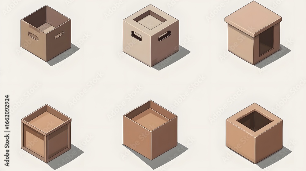 Fototapeta premium Six Isometric Cardboard Boxes Packaging Design Illustrations