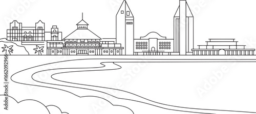 Detailed Outline of Dar es Salaam Tanzania Skyline Vector Illustration with River and Palm Trees