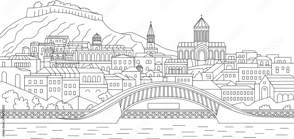 Obraz premium Detailed Tbilisi Skyline Vector Illustration A Captivating Outline of Georgia's Capital City