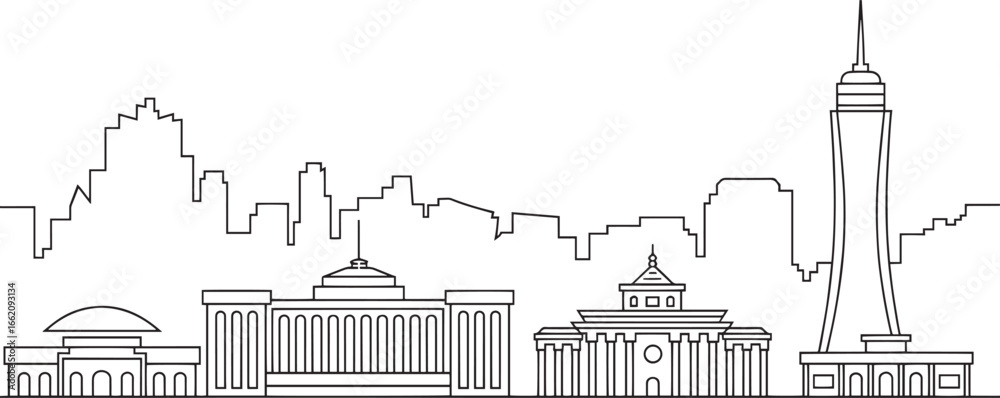 Fototapeta premium Detailed Ulaanbaatar Skyline Vector Illustration with Landmarks in Outline Style on Transparent
