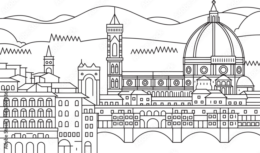 Fototapeta premium Florence Skyline Outline Vector Illustration Cityscape Silhouette with Landmarks and Monuments