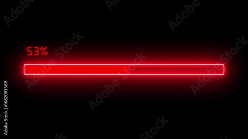 Red neon loading bar animation counting from 0 to 100 percent with glowing progress effect on black background symbolizing digital update, charge, download, and modern progress concept.

