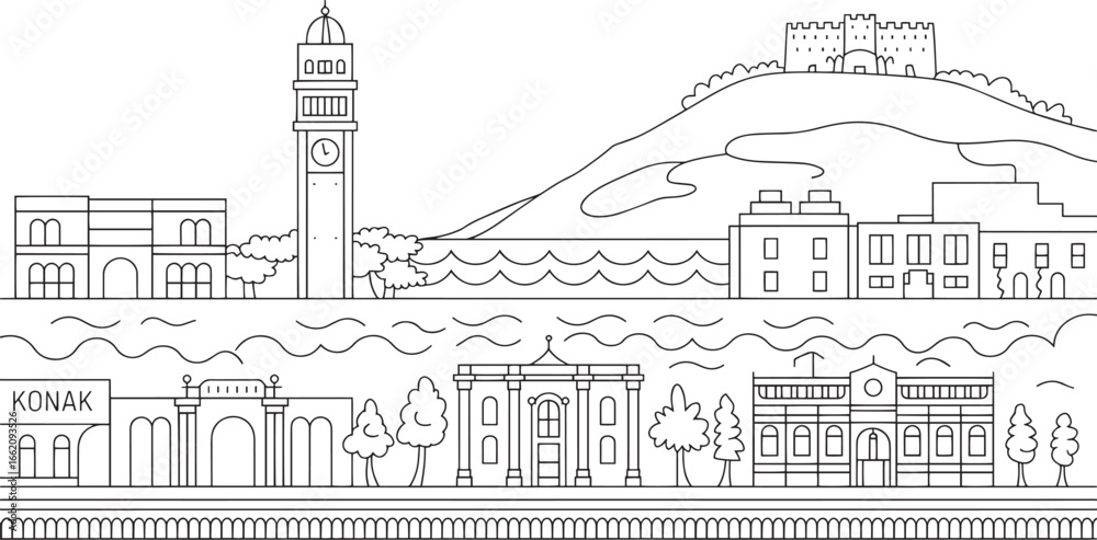 Fototapeta premium Izmir Skyline Vector Illustration A Detailed Outline of the Cityscape with Historical Landmarks