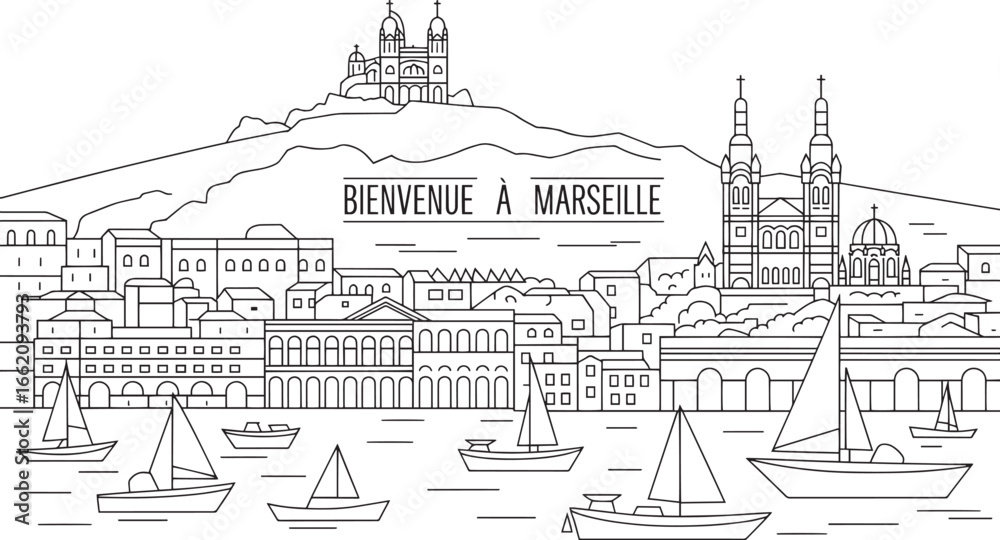 Fototapeta premium Marseille Skyline Vector Illustration A Detailed Outline of the Cityscape with Iconic Landmarks
