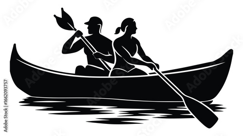 Couple canoeing on the water adventure and exploration together in nature