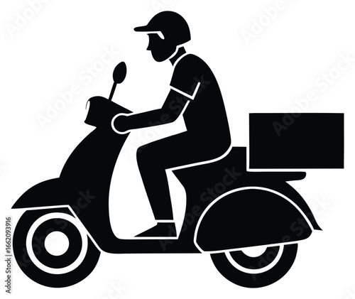 Delivery scooter black silhouette with rider and package box for services