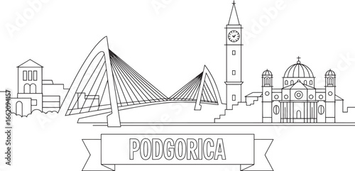 Podgorica Montenegro Skyline Outline Vector Illustration with Bridge, Clock Tower, and Buildings
