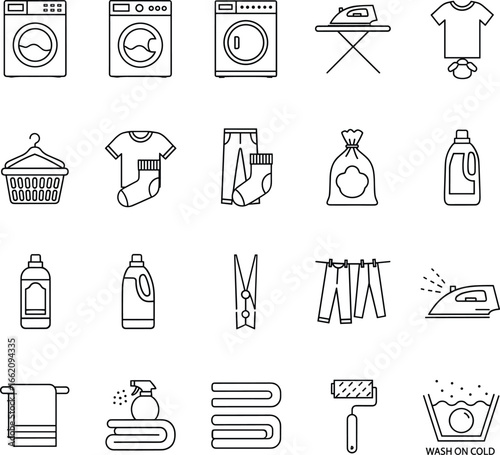 Laundry icons, washing machine, dryer, ironing, detergent, fabric care, drying clothes, folded towels, cleaning spray, laundry basket, washing symbols, laundry service