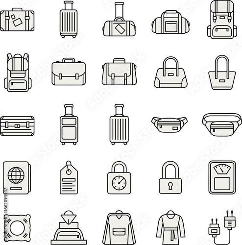 Luggage icons, travel bags, suitcase, backpack, duffle bag, handbag, briefcase, passport, luggage tag, travel lock, scale, vacation essentials, airport travel