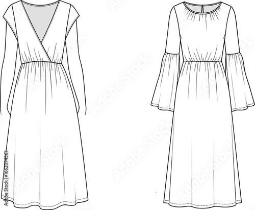 Fashion cad flat sketch of women sleeveless wrap dress and long sleeve maxi dress with bell sleeves, stylish clothing vector template