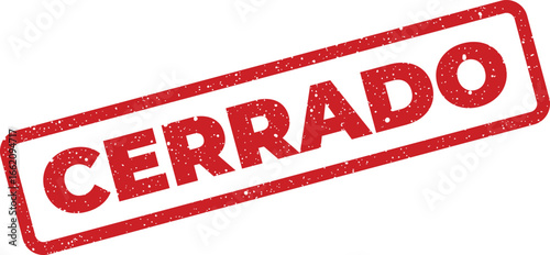 Red grunge closed stamp with rounded rectangle, tilted illustration in spanish language
