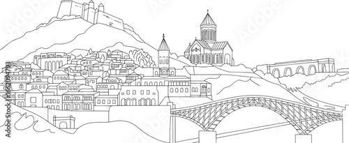 Tbilisi Georgia Skyline Vector Illustration Detailed Cityscape Outline with Landmarks and Mountains