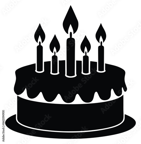 Festive birthday cake with lit candles in black and white design