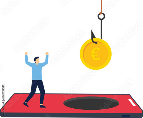 A businessman lured with a Euro sign in a smartphone trap. stock illustration
