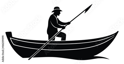 Fisherman rowing boat vector illustration monochrome silhouette for graphic design projects